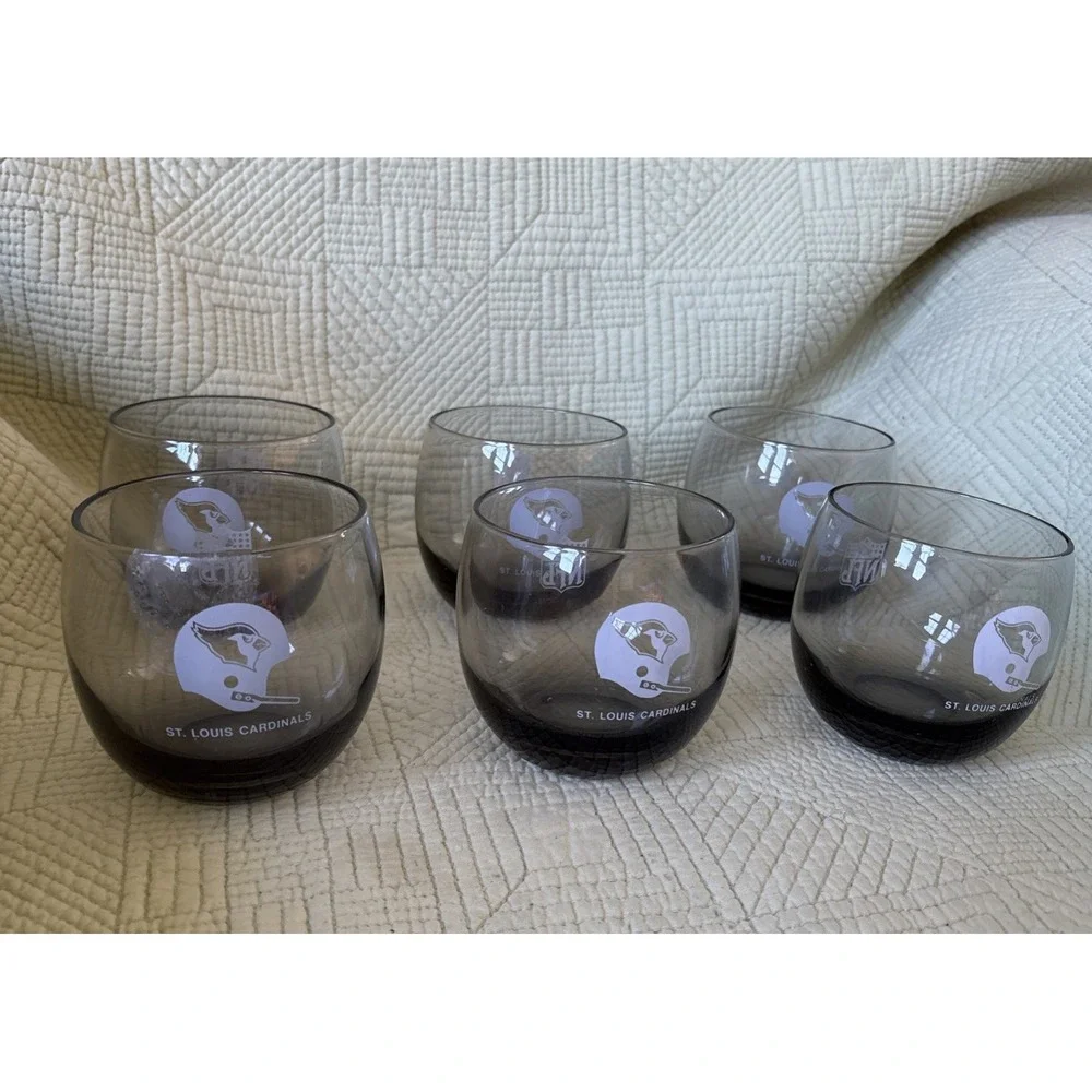 1970's NFL Vintage Set Of 6 St. Louis Cardinals Smoked Whiskey Low Ball Glasses